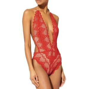 Nightcap Lima V-Plunge Lace One Piece Swimsuit Red NWT